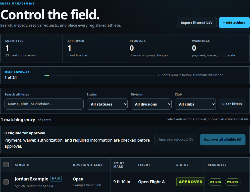 VAULTmeet Host entry management screen showing submitted, approved, request, warning, and capacity totals