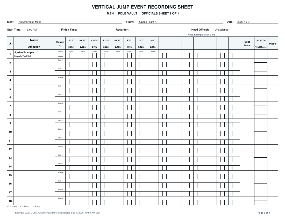 A VAULTmeet Host officials recording sheet generated from the local example meet