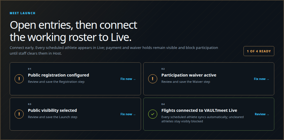 VAULTmeet Host checklist for opening entries and connecting the roster to Live
